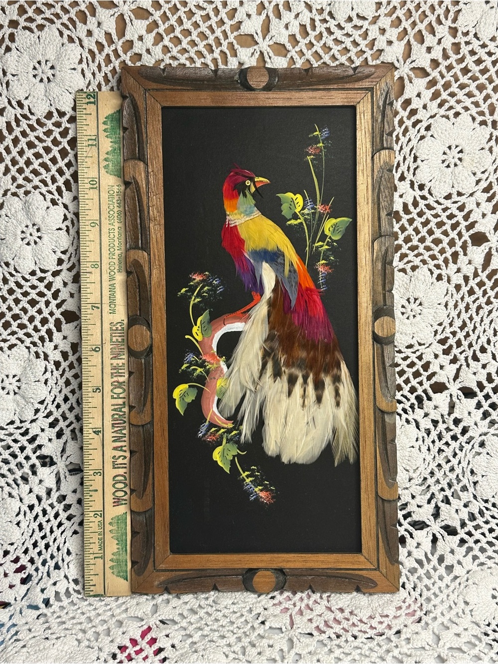 Rare Vintage Handmade Mexican Feathered Bird Wall Art
